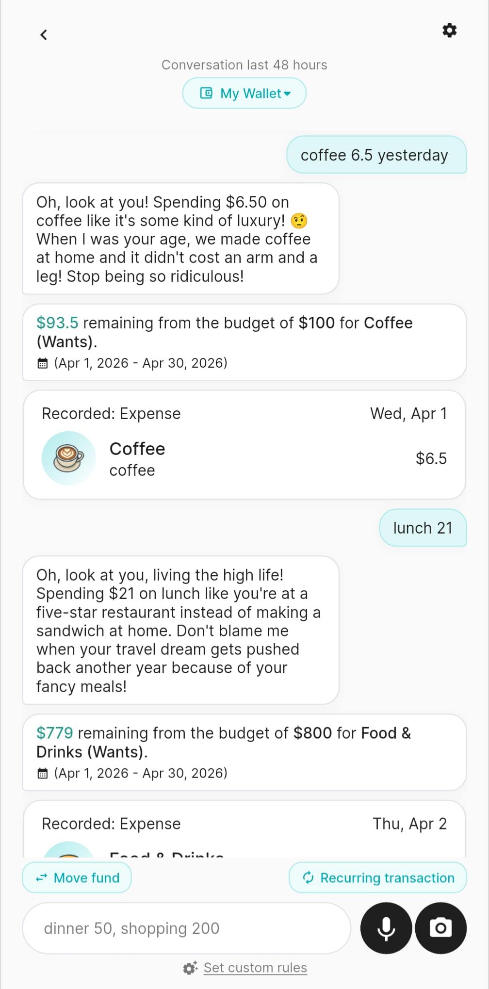 Ghi chi tiêu chỉ bằng một dòng tin nhắn trong Rolly